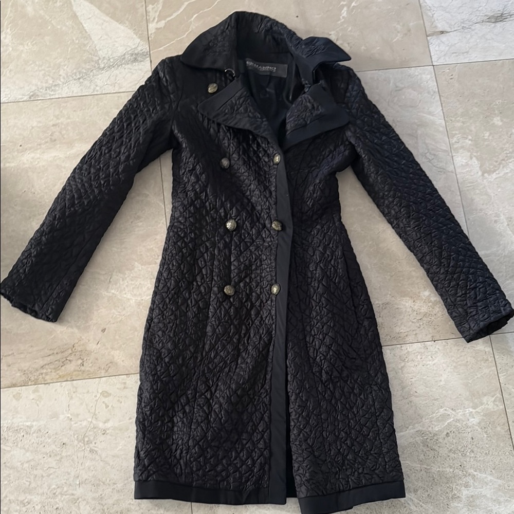 Black Quilted Trench Coat with Double-Breasted Design